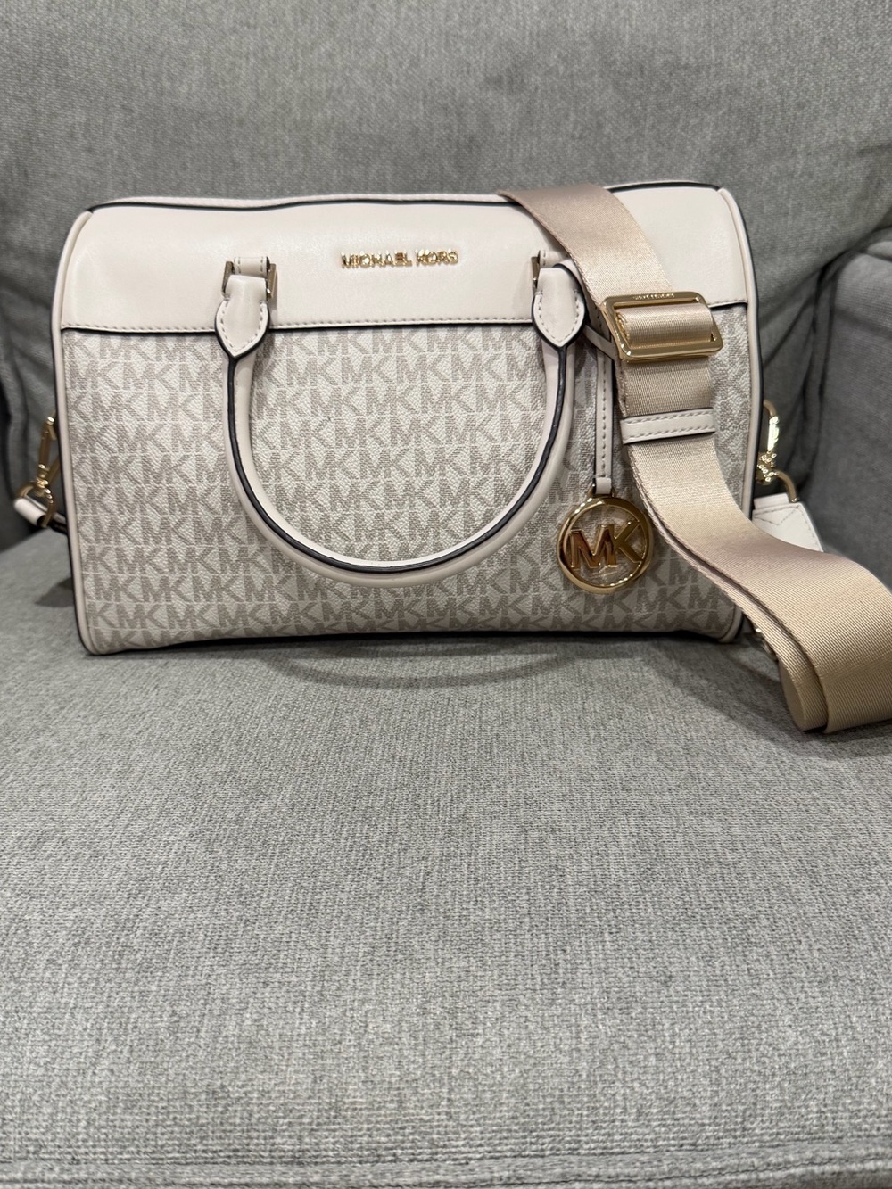 Michael Kors Beige and Cream Logo-Print Satchel with Gold Hardware